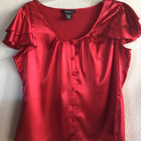 George plus size gorgeous red satiny blouse w/ ruffle sleeves